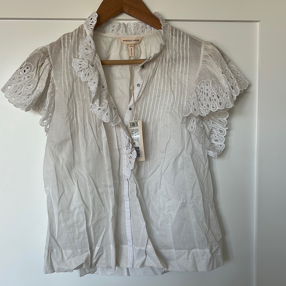 Rebecca Taylor White Puff Sleeve Blouse with Ruffled Bib Collar
